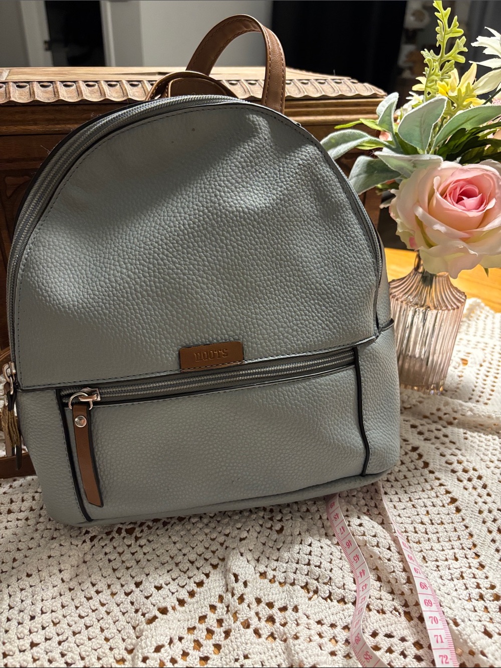Roots Light Gray / blue Pebble Leather Backpack with Tan Trim
